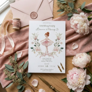 Whimsical Pink Bow & Watercolor Ballerina Birthday Invitation