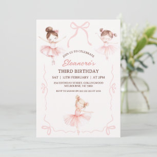 Whimsical Pink Brown Bows Ballerina 3rd Birthday Invitation