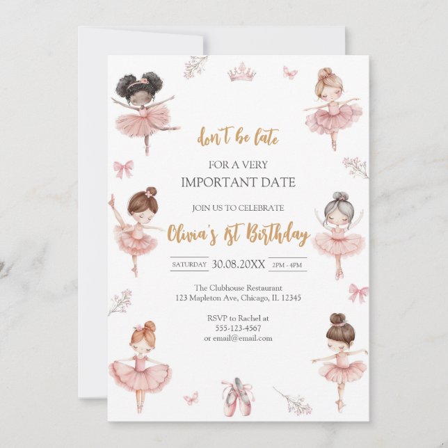 Whimsical Pink Brown Bows Ballerina Birthday Invitation (Front)