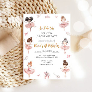 Whimsical Pink Brown Bows Ballerina Birthday Invitation