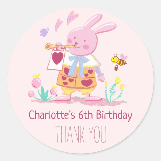 Whimsical Pink Bunny in Garden Watercolor Classic Round Sticker (Front)