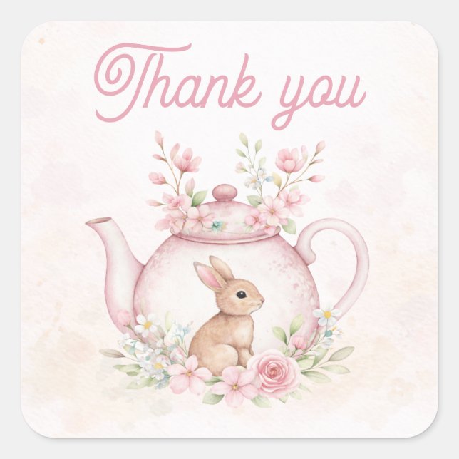 Whimsical Pink Bunny Teapot Floral Thank you Square Sticker (Front)