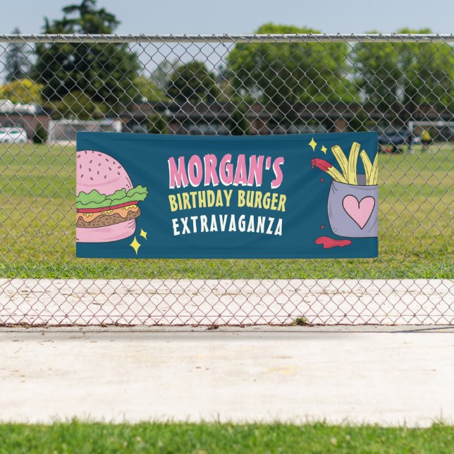 Whimsical Pink Burger and Fries Birthday Party Banner (Insitu)