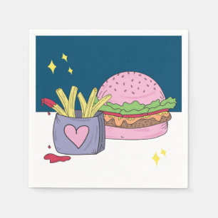 Whimsical Pink Burger and Fries Birthday Party Napkin