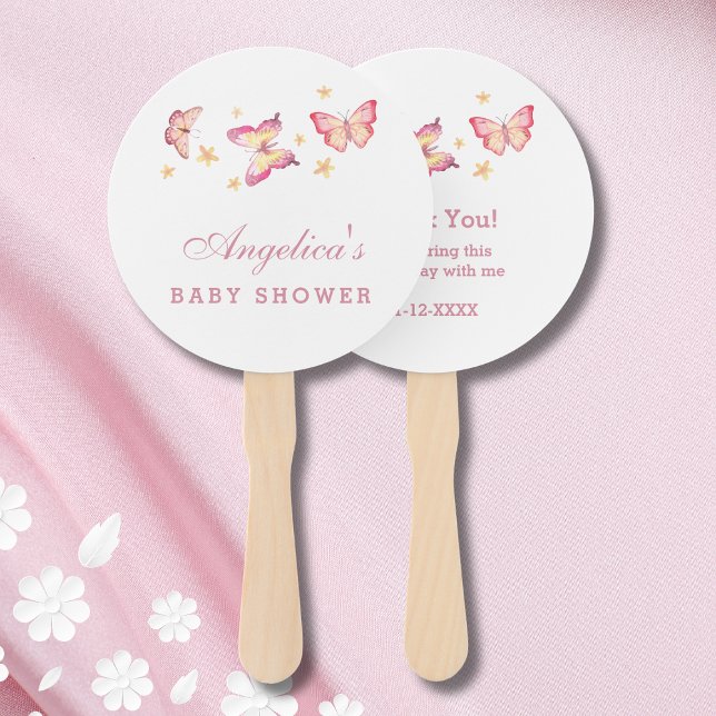 Whimsical Pink Butterfly Baby Shower Thank You Hand Fan (Creator Uploaded)