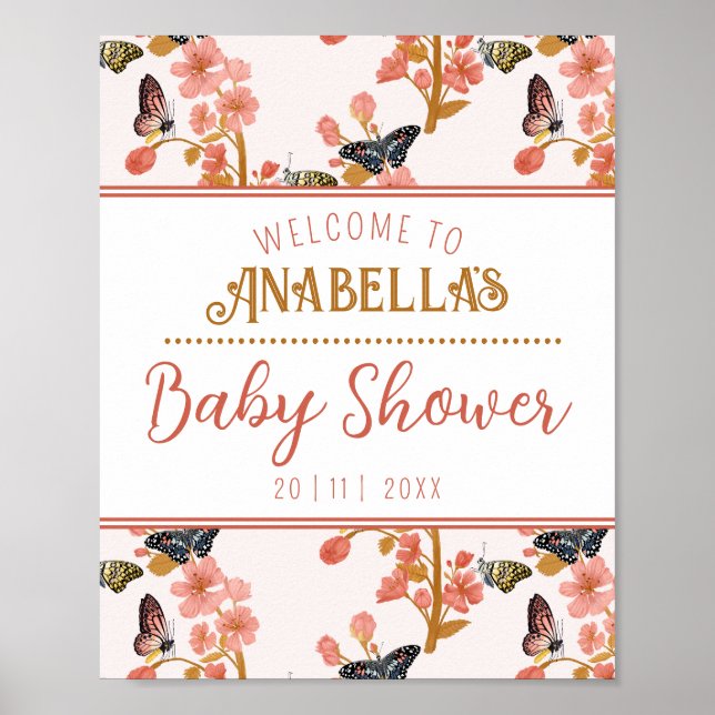 Whimsical Pink Butterfly Baby Shower Welcome Sign (Front)