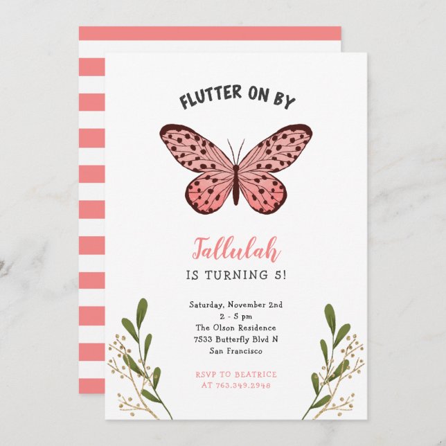 Whimsical Pink Butterfly Girl Birthday Party Invitation (Front/Back)