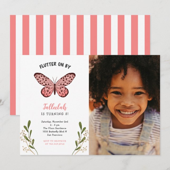 Whimsical Pink Butterfly Girl Birthday Party Photo Invitation (Front/Back)