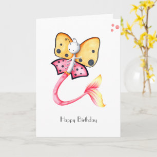Whimsical Pink Butterfly Mermaid Happy Birthday  Card