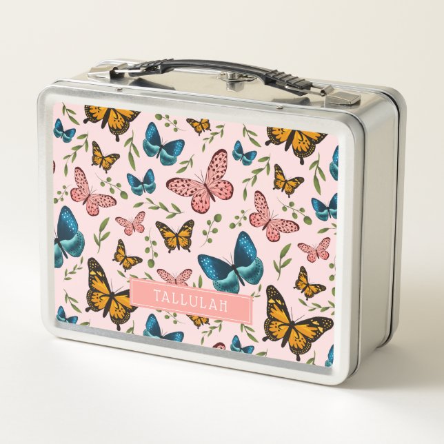 Whimsical Pink Butterfly Pattern Girl's Metal Lunch Box (Back)