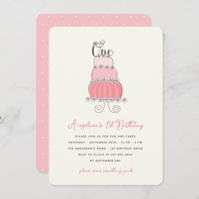Whimsical Pink Cake Baby Girl 1st Birthday Party Invitation (Front/Back)