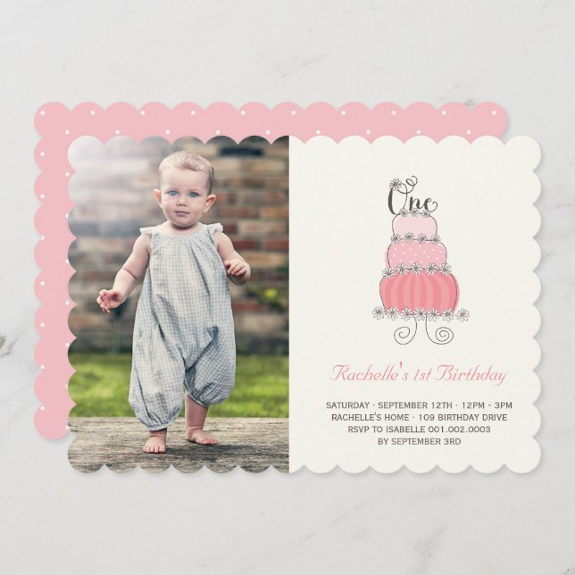 Whimsical Pink Cake Baby Girl First Birthday Photo Invitation (Front/Back)