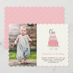 Whimsical Pink Cake Baby Girl First Birthday Photo Invitation