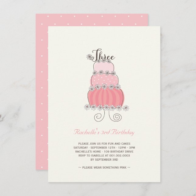 Whimsical Pink Cake Girl 3rd Birthday Party Invite (Front/Back)