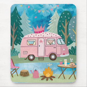 Whimsical Pink Camper Van Camping Scene Mouse Pad