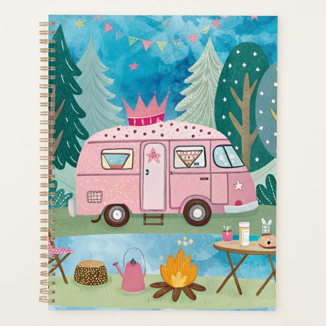 Whimsical Pink Camper Van Camping Scene Planner (Front)