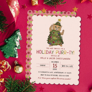Whimsical Pink Cat Christmas Tree Holiday Party Invitation