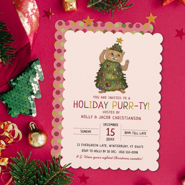 Whimsical Pink Cat Christmas Tree Holiday Party Invitation (Creator Uploaded)