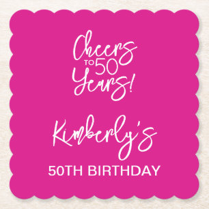 Whimsical Pink Cheers to 50 Years Birthday Paper Coaster