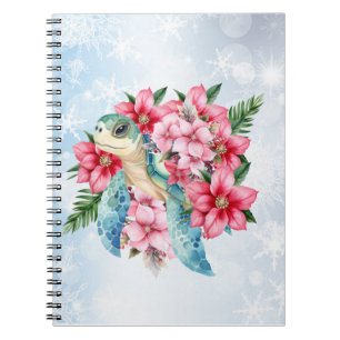 Whimsical Pink Christmas Floral Sea Turtle  Notebook