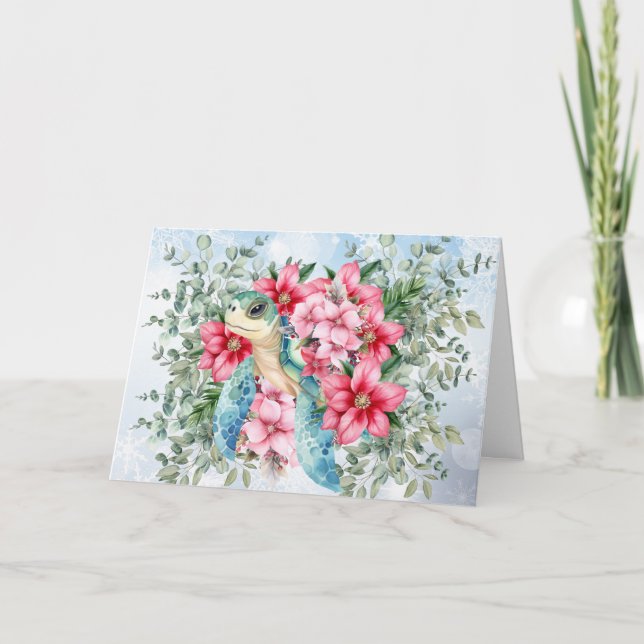 Whimsical Pink Christmas Florals & Sea Turtle Card (Front)