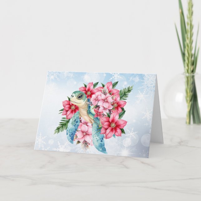 Whimsical Pink Christmas Florals & Sea Turtle Card (Front)