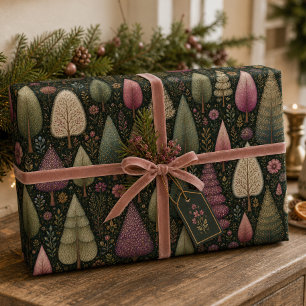 Whimsical Pink Christmas Tree and Floral Pattern Wrapping Paper