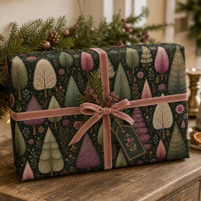 Whimsical Pink Christmas Tree and Floral Pattern  Wrapping Paper (Creator Uploaded)