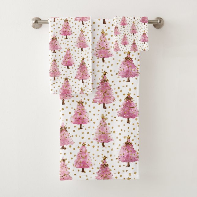 Whimsical Pink Christmas Tree Pattern Bath Towel Set (Insitu)