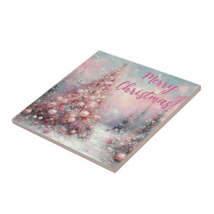 Whimsical Pink Christmas Tree Personalised Ceramic Tile