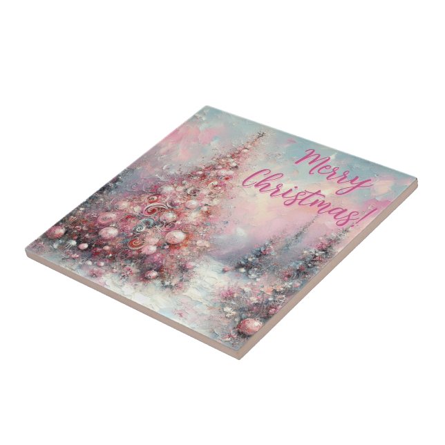 Whimsical Pink Christmas Tree Personalised Ceramic Tile (Side)