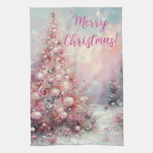 Whimsical Pink Christmas Tree Personalised Tea Towel (Vertical)
