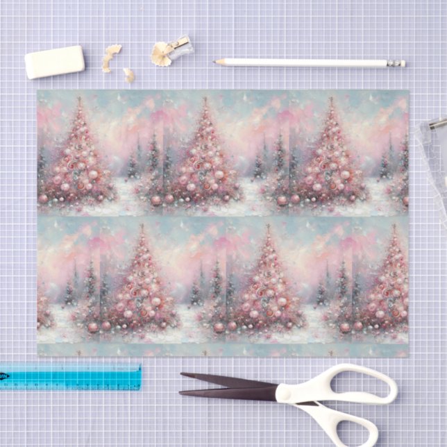 Whimsical Pink Christmas Tree Tiled Decoupage Tissue Paper (Craft)