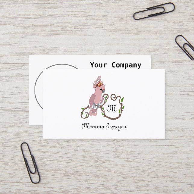 Whimsical Pink Cockatoo Monogram Business Card (Front/Back In Situ)