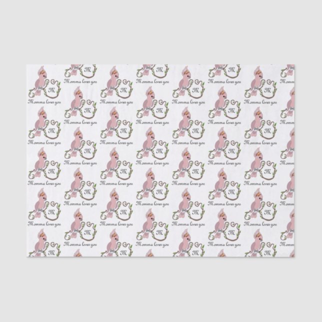 Whimsical Pink Cockatoo Monogram Tissue Paper (Front)