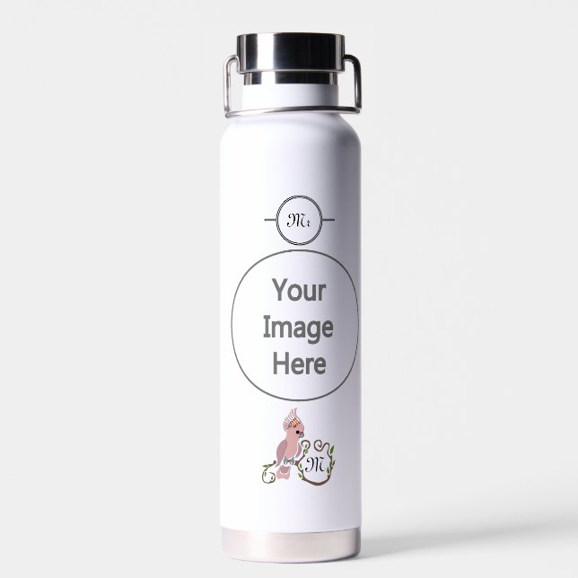 Whimsical Pink Cockatoo Monogram Water Bottle (Back)