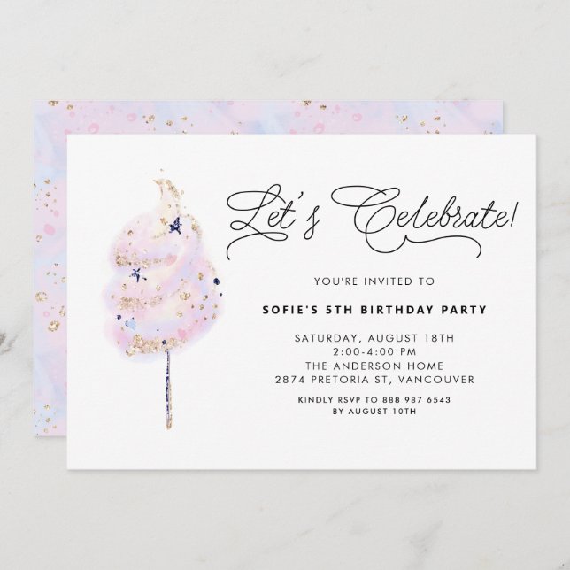 Whimsical Pink Cotton Candy Girls Birthday Party Invitation (Front/Back)
