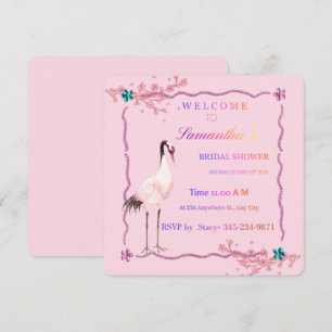 Whimsical Pink Crane and Cherry Blossom Rainbow Br Holiday Card