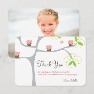 Whimsical Pink Cupcakes Tree Kid's Birthday Photo Thank You Card