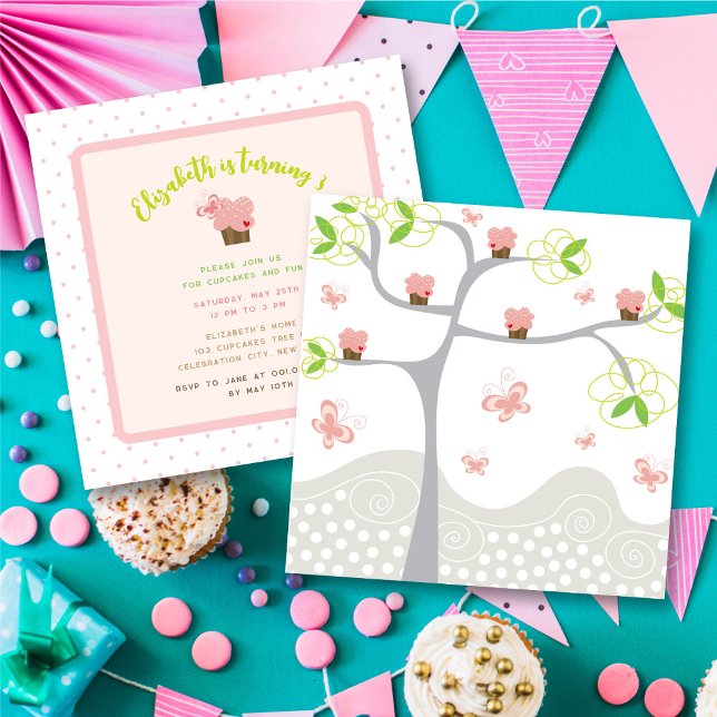 Whimsical Pink Cupcakes Tree Sweet Girl's Birthday Invitation (Whimsical Pink Cupcakes Tree Sweet Girl's Birthday Party Invitation @ fat_fa_tin)