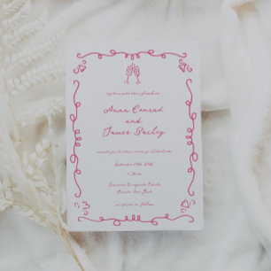 Whimsical Pink Doodle Frame Wedding Invitation