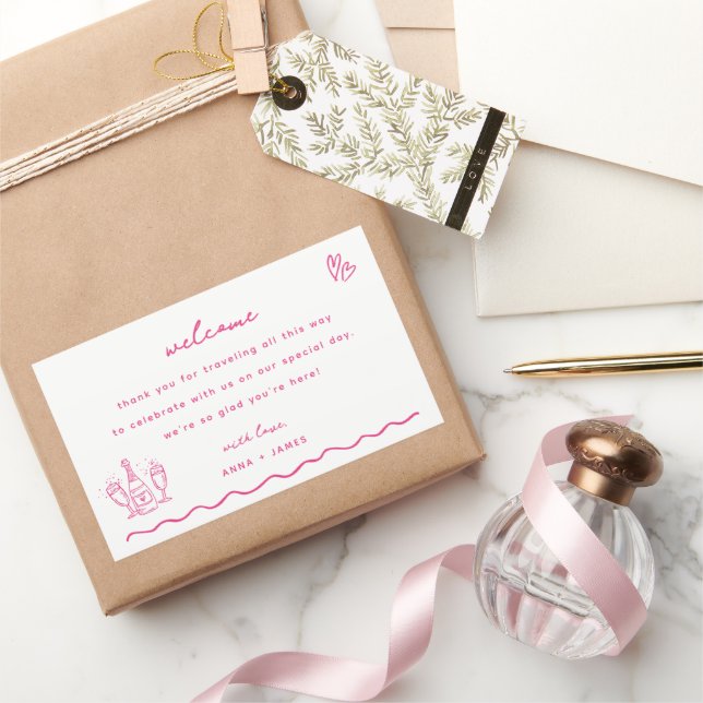 Whimsical Pink Doodle Wedding Welcome Bag Rectangular Sticker (Gifting)