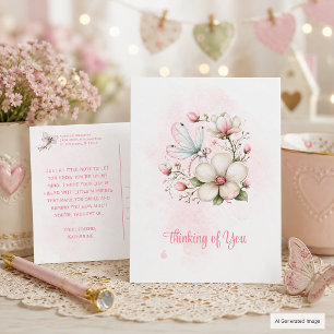 Whimsical Pink Dragonfly & Flower Thinking of You  Postcard