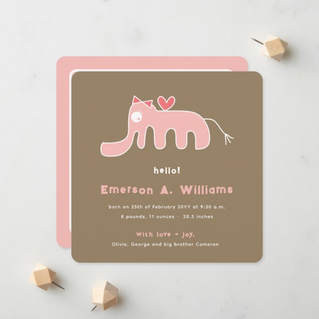 Whimsical Pink Elephant Love Baby Girl Photo Birth Announcement (Front/Back In Situ)