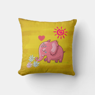 Whimsical Pink Elephant Smelling Some Daisies Cushion