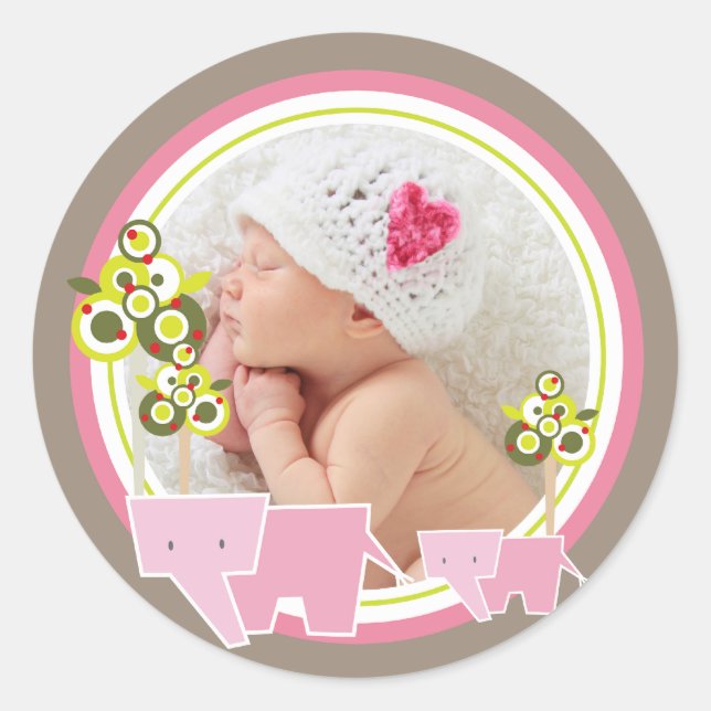 Whimsical Pink Elephants Family Baby Girl Photo Classic Round Sticker (Front)