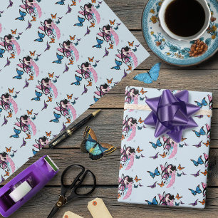 Whimsical Pink Fairy Blue Fantasy Music Note Wrapping Paper