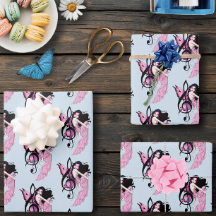Whimsical Pink Fairy Blue Fantasy Music Note Wrapping Paper Sheet