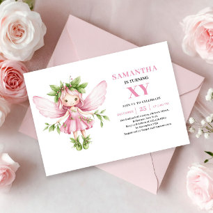 Whimsical Pink Fairy Girl 1st Birthday Floral  Invitation