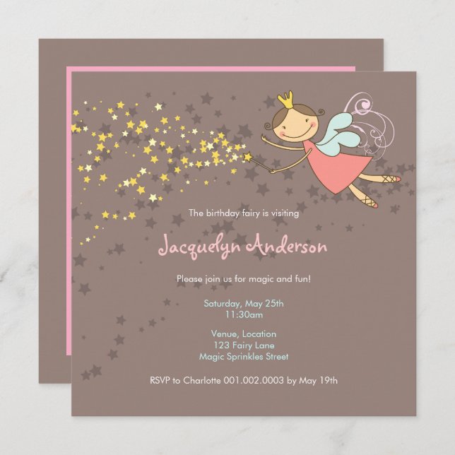 Whimsical Pink Fairy Princess Stars Girl Birthday Invitation (Front/Back)